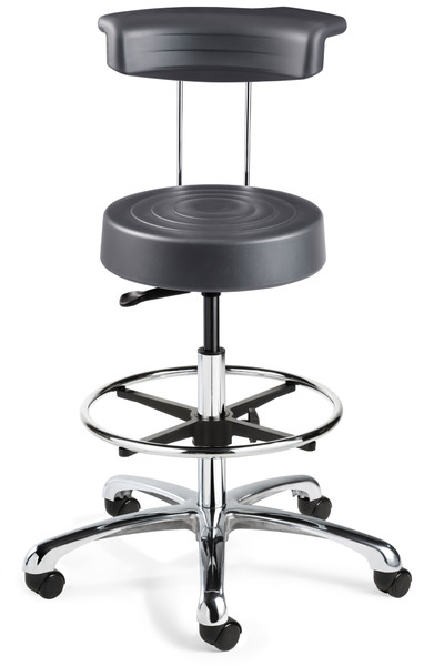 DISCONTINUED Cleanroom Stool w/ Backrest, Seat Height 23.5"-33.5" ISO 4 Class 10, Soft Polyurethane Seat, Graphite, Chrome Footring, Polished Aluminum Base, Dual Wheel Hard Floor Casters, BV-S3550R-GRP-ACF-18