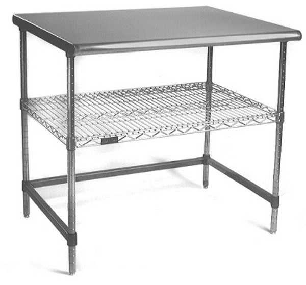 DISCONTINTUED Electropolished Perforated Tables: 304 Stainless Steel, 3/4" Perforated Holes, (1) Wire Shelf, (1) C-Frame, Pictured with Solid Top, 35”H, EA-APT-1C-1W