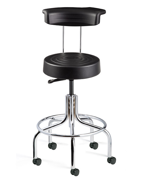 DISCONTINUED leanroom Stool w/ Backrest, Seat Height 25.25"-30.25" ISO 4 Class 10, Soft Polyurethane Seat, Black, Chrome Footring &amp; Tubular Base, Dual Wheel Hard Floor Casters, BV-S3610R-BLK