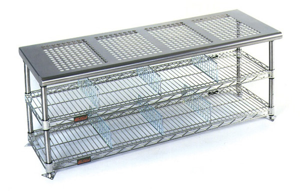 DISCONTINUED  Electropolished Gowning Benches: Perforated Top, Shoe Storage, Two Shelves, 18" W, EA-PCRBxxxxEP-2SHLF