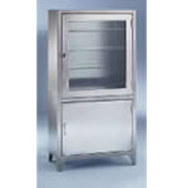 Stainless Steel Supply Cabinets, Upper/Lower Section, 3 Glass Shelves/1 Stainless Steel, 16"D x 30"W x 60"H, CRW-7953SS