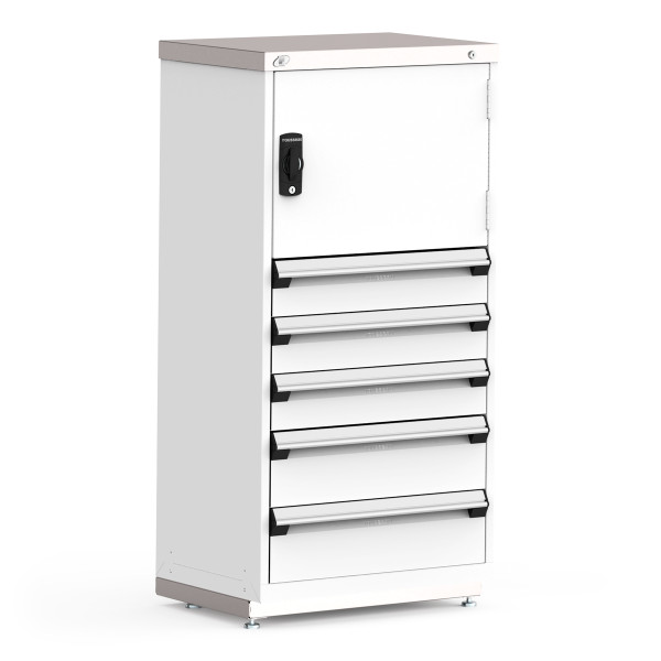 Stationary Cabinets; 36"W x 18"D x 60"H, Stainless Steel Cover, 5 Drawers, 1 Door, Central Keyed Locking Drawer, Heavy-Duty 16 Gauge Construction, RU-R5XDD-5846