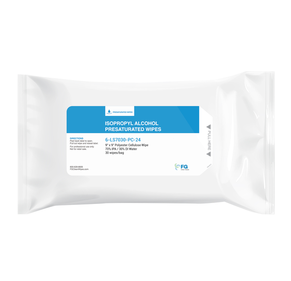 Pre-Saturated Cleanroom Wipes:. Polyester/Cellulose, 70% IPA, 9"x 9",  810/case  LT-LS7030-PC-24