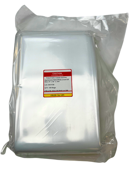 Cleanroom Bags: LDPE Polyethylene, 8" x 18",  6.0 mil, Level 100, 100/Pack, CFB-1000-PACK-818-6Mil