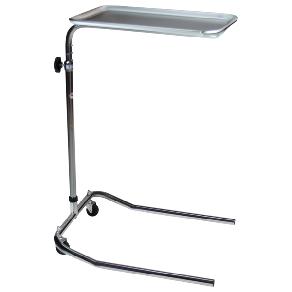 Single Pole Chrome Mayo Stands: Single Posts with Two-pronged Base, Stainless Steel Tray, 2" Casters, BL-1515