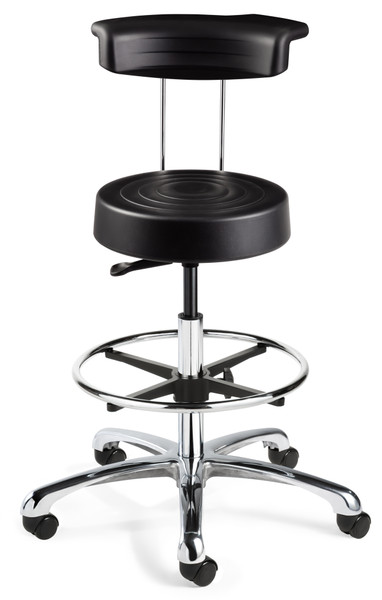 DISCONTINUED Cleanroom Stool w/ Backrest, Seat Height 23.5"-33.5" ISO 4 Class 10, Soft Polyurethane Seat, Chrome Footring, Polished Aluminum Base, Dual Wheel Hard Floor Casters, BV-S3550R-BLK-ACF-18