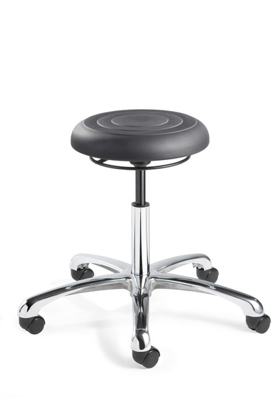 Cleanroom Stool,. ErgoLux Jr, ISO 4 Class 10, Seat Height: 16"-21.5", Soft Polyurethane Seat, Graphite, Polished Aluminum Base, Dual Wheel Hard Floor Casters, BV-J3050-GRP