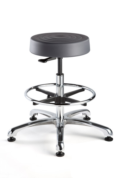 Cleanroom Stool,. ErgoLux, ISO 4 Class 10, Seat Height: 23."-33.", Soft Polyurethane Seat, Graphite, Chrome Footring, Polished Aluminum Base, Mushroom Glides, BV-S3550-GRP-MG-ACF-18