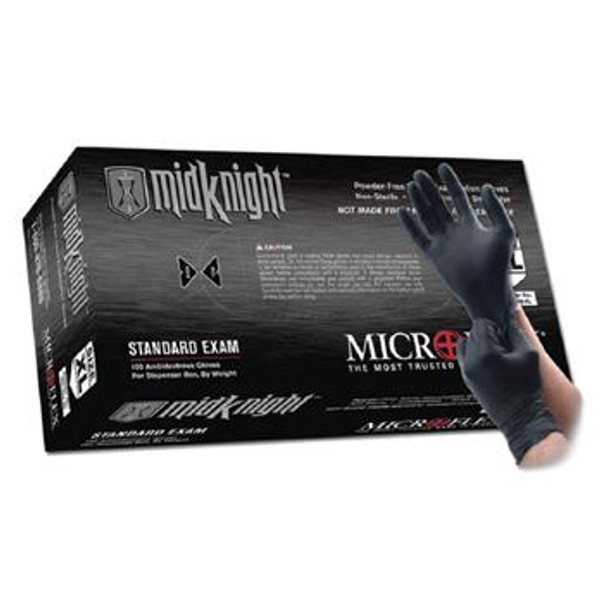 Microflex MidKnight Exam Gloves; Nitrile, 9 1/2"Long, Powder Free, Black, XS-2XL, 100/Box- 10 Boxes/Case, AE-MK-296