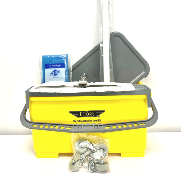 General Purpose Mop System:. Includes TruClean Swivel Mop Frame, Adjustable White Mop Handle, (1) Blue Polyurethane Sponge Mop, (10) Polyester Mop Slip Covers, (1) Yellow Mop Bucket with Plastic Sieve, Casters and Lid, CRW-GPMS