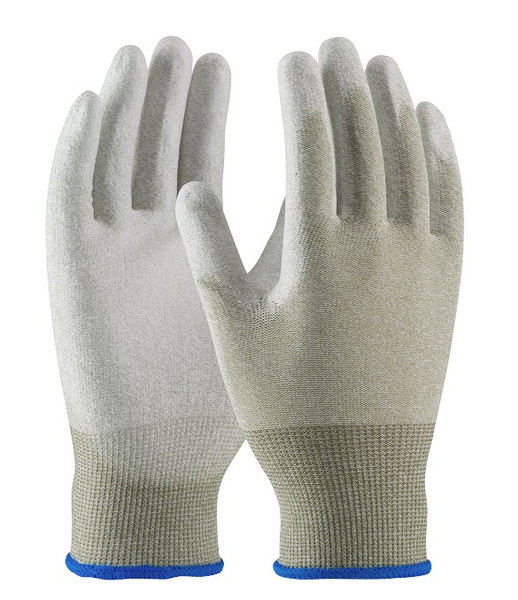 ESD Nylon Gloves:. Seamless Knit Nylon/Copper Fiber, Polyurethane Coated Grip on Finger Tips, S-L, 12 pairs/pack, PI-40-6416