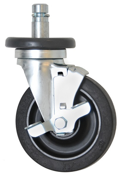 Casters: 5" Diameter, Resilient Rubber Wheels, Stem/Brake, Zinc Hardware, 300 Lb Capacity, EA-CSB5-300