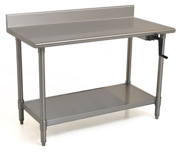 Adjustable Height Tables:. Left Side Crank, 4" Back Splash, 304 Stainless Steel, Height 32"- 40", EA-TSEB-BS-HA-L