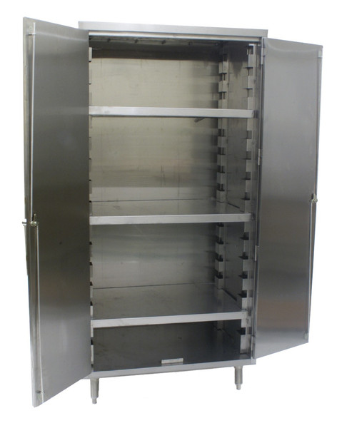 Storage Cabinets: 430 Stainless Steel, Slanted Top, 4 Shelves, 5 Braking Casters, 24"W x 48"L, EA-VSCS2448-4-CPB5