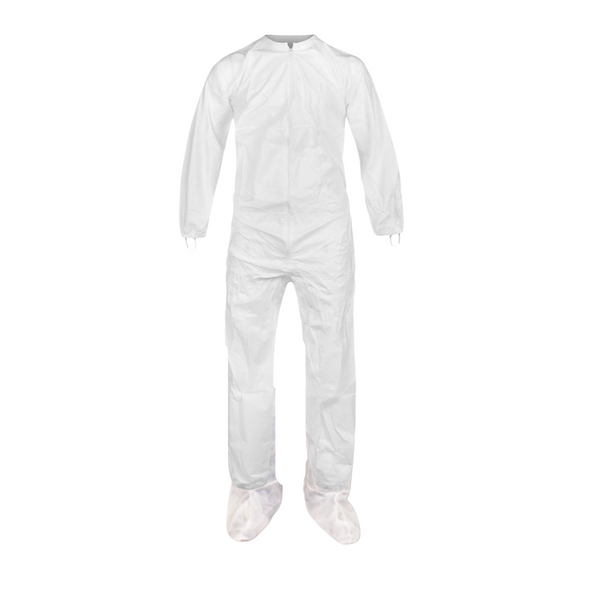 Disposable Cleanroom Coveralls: SMS Material, White, Attached Boots, Elastic Wrists/Ankles/Back, 25/case, M-4XL, AP-CV-74832