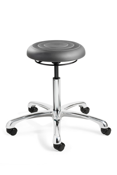 Cleanroom Stool,. ErgoLux Jr, ISO 4 Class 10, Seat Height: 20"-27", Soft Polyurethane Seat, Graphite, Polished Aluminum Base, Dual Wheel Hard Floor Casters, BV-J3350-GRP