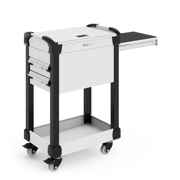 MultiTek Carts, 25"W X 16"D X37"H, 2 Drawers, 2 Shelves with Mats (Bottom &amp; Top), Locking Security Cover, Roll-out Shelf, 3" Swivel Casters, RU-RV-GB37S2FC46L3B