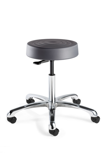 Cleanroom Stool,. ErgoLux, ISO 4 Class 10, Seat Height: 16.5"-21.5", Soft Polyurethane Seat, Graphite, Polished Aluminum Base, Dual Wheel Hard Floor Casters, BV-S3050-GRP