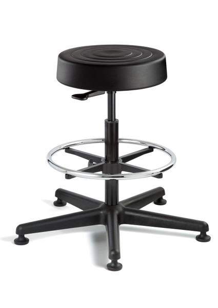 Cleanroom Stool,. ErgoLux, ISO 4 Class 10, Seat Height: 23"-33", Soft Polyurethane Seat, Black, Chrome Footring, Black Nylon Base, Mushroom Glides, BV-S3500-BLK-MG-ACF-18