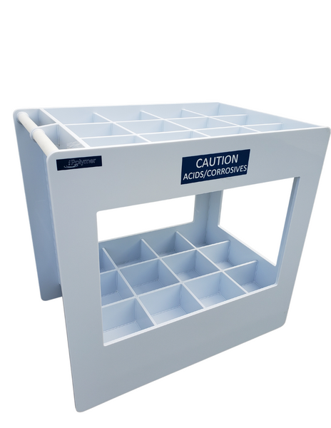 Chemical Carts; White Polypropylene, Dual Compartmented Shelves, 24 Compartments, 36"L x 24"W x 35"H, 4" Polypropylene Casters, CRW-CC-PP-362436: