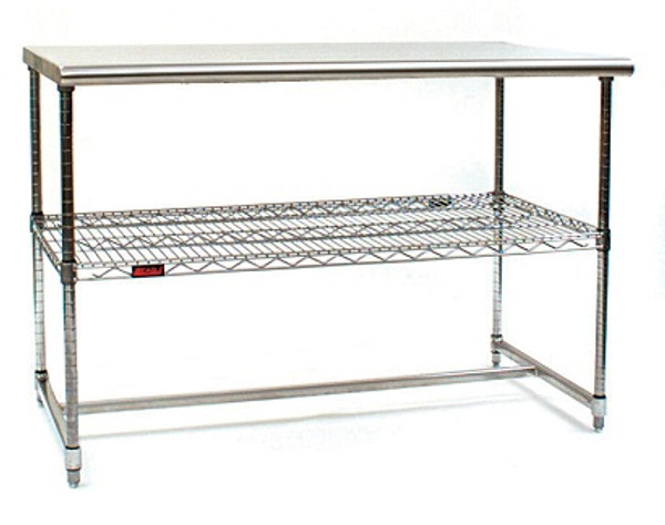 Cleanroom Tables:. Stainless Steel Top, Chrome Base with Shelf &amp; H Frame, EA-AC2T-1H-1W