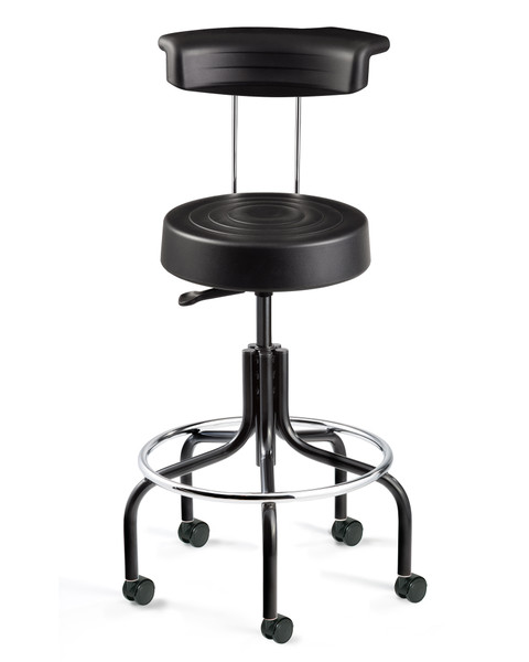 DISCONTINUED Cleanroom Stool w/ Backrest, Seat Height 25.25"-30.25" ISO 4 Class 10, Soft Polyurethane Seat, Black, Chrome Footring, Black Tubular Base, Dual Wheel Hard Floor Casters, BV-S3600R-BLK