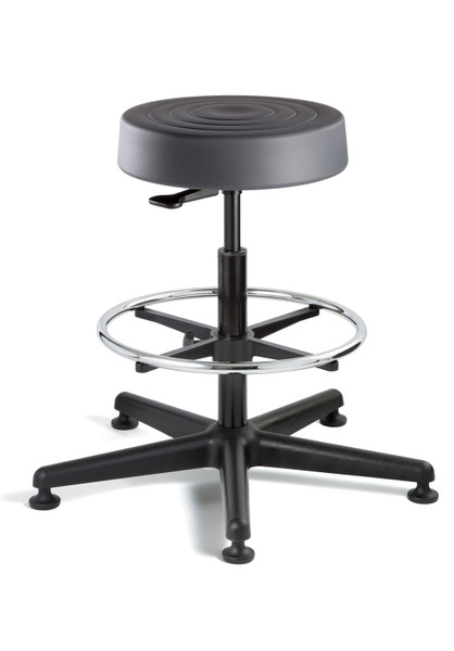 Cleanroom Stool,. ErgoLux, ISO 4 Class 10, Seat Height: 23"- 33", Soft Polyurethane Seat, Graphite, Chrome Footring, Black Nylon Base, Mushroom Glides, BV-S3500-GRP-MG-ACF-18