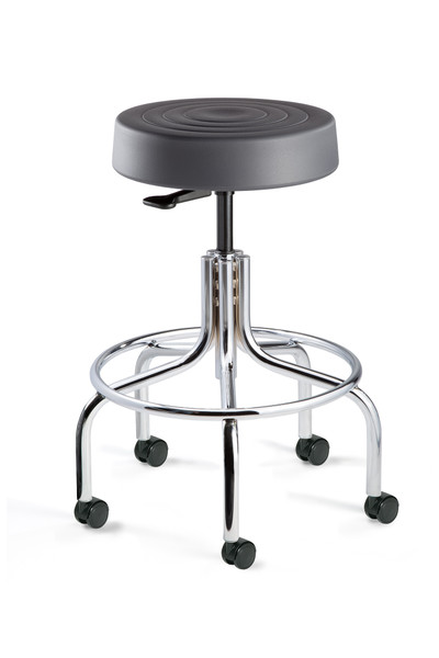 Cleanroom Stool,. ISO 4 Class 10, Seat Height: 20.5"-25.5", Graphite Polyurethane Seat, Chrome Footring &amp; Tubular Base, Dual-Wheel Hard Floor Casters, BV-S3200-GRP