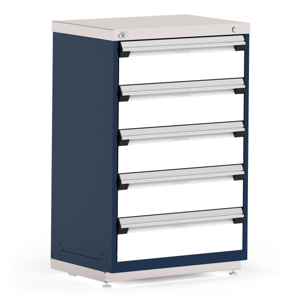 Stationary Cabinets; 30"W x 21"D x 46"H, Stainless Steel Cover, 5 Drawers, Heavy-Duty 16 Gauge Construction, Navy, RU-R5XDD-4412: