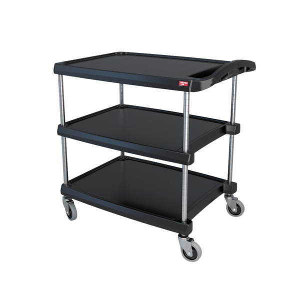 Utility Carts: 3 Polymer Shelves, 18" x 31", Black, Casters, IM-MY1627-34BL