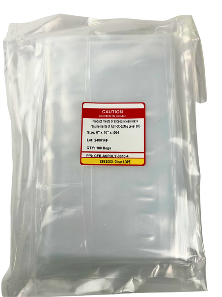 Cleanroom Bags: Antistatic Polyethylene, 4.0 mil, 6" x 10", Level 100, 1000/case, CFB-ASPOLY-0610-4Mil