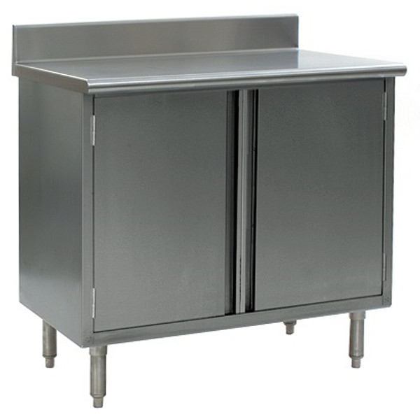 Stainless Steel Lab Tables:. 304 Stainless Steel Top, 4 1/2" Backsplash, 430 Stainless Steel Body, Hinged Doors, Enclosed Lower Storage, EA-CBHSE-BS