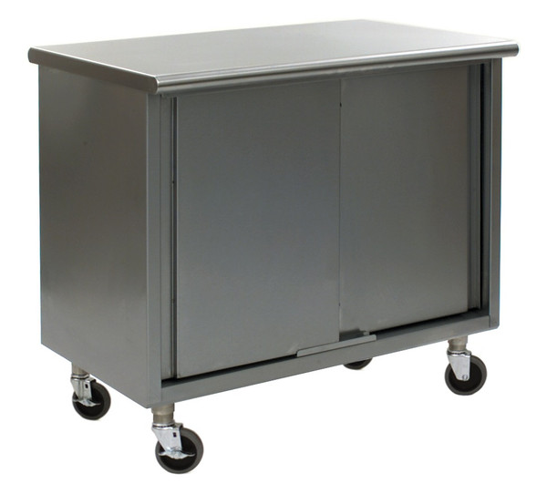 Stainless Steel Lab Cabinets:. 304 Stainless Steel Flat Top, 430 Stainless Steel Body, Casters, Sliding Doors, Enclosed Lower Storage, EA-CB-SE-CA