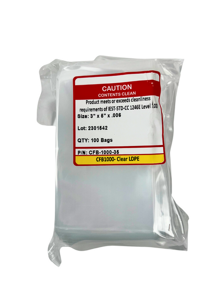 Cleanroom Bags: LDPE Polyethylene, 3" x 5",  6.0 mil, Level 100, 1000/case, CFB-1000-35-6Mil