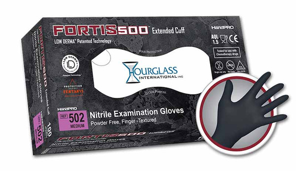 Nitrile Exam Gloves: 3 Mil, Extended Cuff, Powder Free, Black, XS-2XL, 100/Box- 10 Boxes/case, HG-500