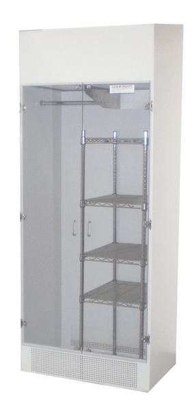 Cleanroom Storage Cabinets: 36"Wx18"Dx90"H, Sloped Top, White Painted Steel, Garment Pole/Shelves, Acrylic Doors, CAP-91SC-WR-36Wx18Dx90H-LP/RS