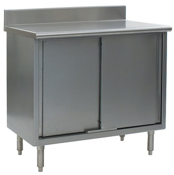 Stainless Steel Lab Tables:. 4 1/2" Backsplash, 304 Stainless Steel Top, Sliding Doors, 430 Stainless Steel Body, Enclosed Lower Storage, EA-CBSE-BS