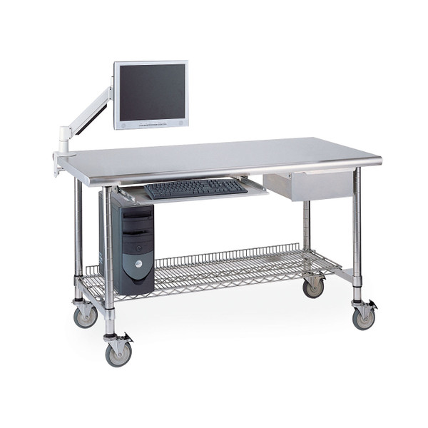 Metro Worktables, 3-Sided Frame, 60" Long Top, Keyboard Tray, Drawer, Flat Monitor Arm, Wire Shelf,  IM-LT-KT-SD-WS-FMA: