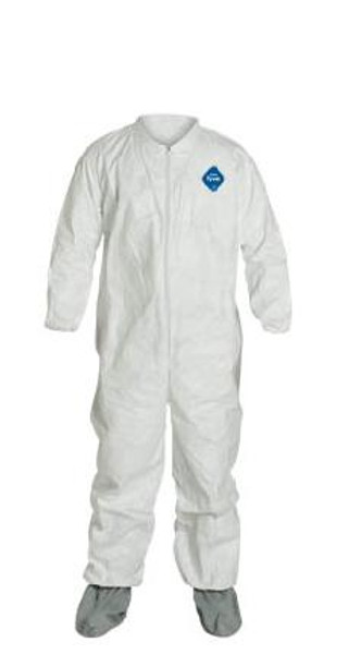 DuPont Tyvek Coveralls: Industrial, Non Skid Boots, Elastic Wrists, Bulk Packaged, 25/case, M-7XL, DU-TY121SWHxx0025NS