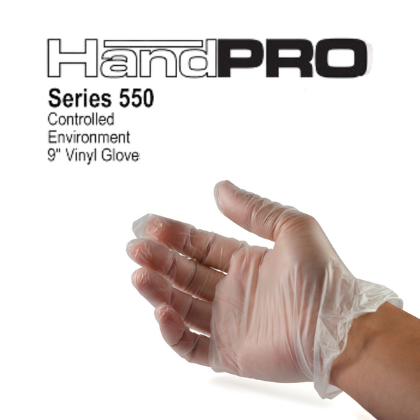 Vinyl Gloves: Cleanroom ISO 5 Class 100, 3 Mil, 9"Long, Beaded Cuff, S-XL, 100/Bag- 10 Bags/Case, HG-550