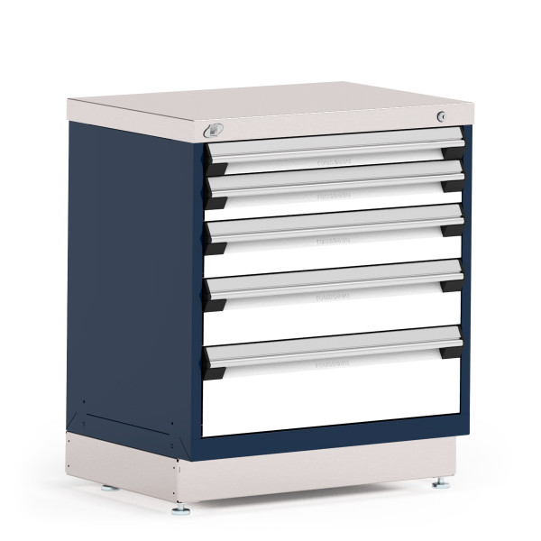 Stationary Cabinets. 30"W x 21"D x 34"H, Stainless Steel Cover, 5 Drawers, Heavy-Duty 16 Gauge Construction, Navy, RU-R5XDD-3004