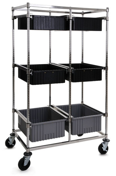 Tote Box Carriers: Two Bays, Non-Adjustable, Chrome, Casters, 26"x 41"x 68"H, EA-TBC2-P