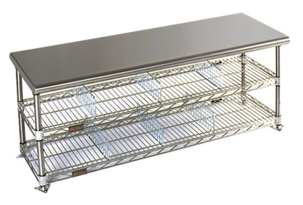 DISCONTINUED   Electropolished Gowning Benches: Solid Top, Shoe Storage, Two Shelves, 18" W, EA-CRBxxxxEP-2SHLF