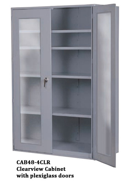 DISCONTINUED Metal Storage System, Clear Front Doors, Painted Gray, 48"Wx 24"Dx 72"H, 4 Shelves, LB-CAB48-4CLR