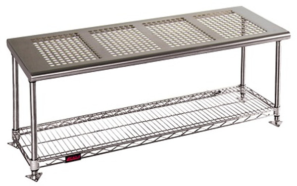 DISCONTINUED  Electropolished Gowning Benches: Perforated Top, Shoe Storage, One Shelf, 18" Width, EA-PCRBxxxxEP