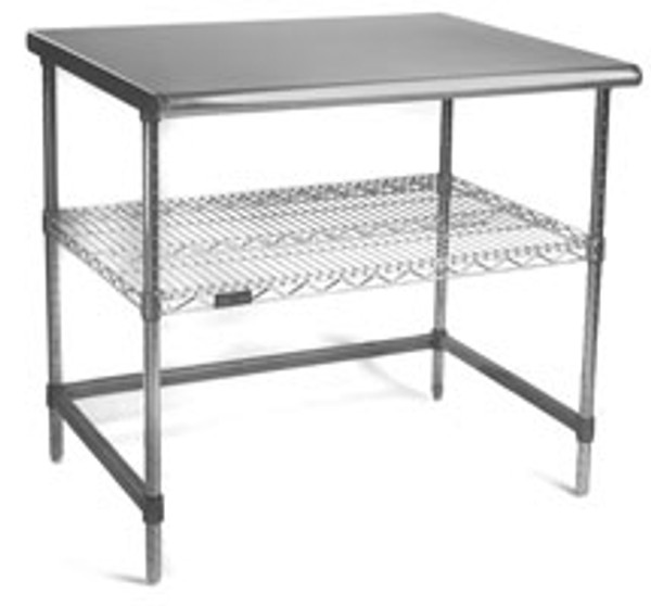 Cleanroom Tables: Stainless Steel Top, Stainless Steel Base with Shelf &amp; C-Frame, EA-AST-1C-1W: