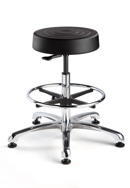 Cleanroom Stool,. ErgoLux, ISO 4 Class 10, Seat Height: 23."-33.", Soft Polyurethane Seat, Black, Chrome Footring, Polished Aluminum Base, Mushroom Glides, BV-S3550-BLK-MG-ACF-18