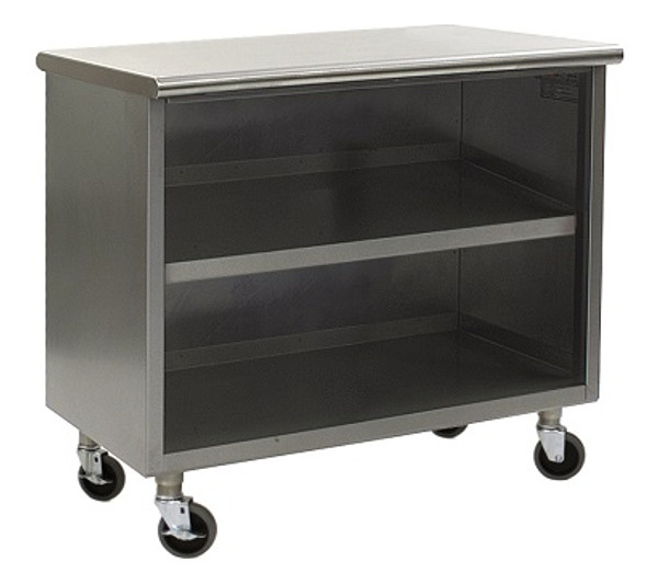 Stainless Steel Lab Cabinets:. Flat Top, Wheels, 304 Stainless Steel, Open Base w/ Shelf, EA-CR-OBSE-FCS-CAH