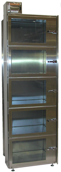 Desiccator Cabinets, Stainless Steel, 5 Doors, 5 Compartments, Compartment Size: 24"Wx 14"Hx 18"D, Acrylic Windows, CAP-19S-SST-5DR-SGL-24Wx14Hx18D-3B