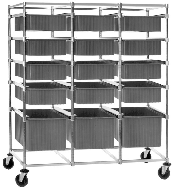 Tote Box Carriers: Three Bays, Non-Adjustable, Chrome, Casters, 26"x 60"x 68"H, EA-TBC3-P